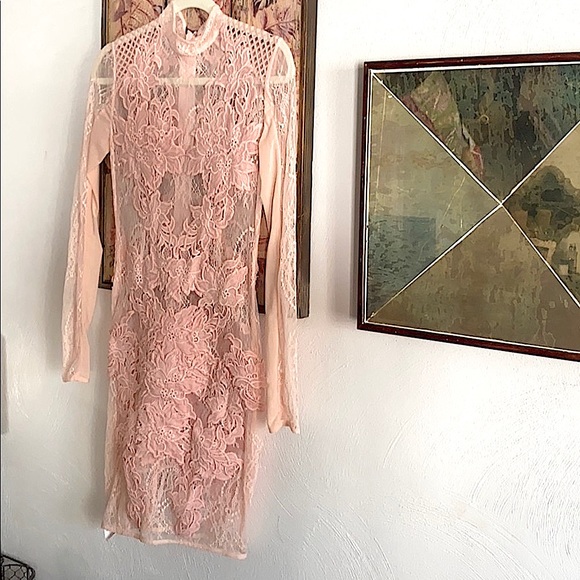 NWOT HOUSE OF CB LONDON STRET BODYCON DRESS LACE APPLIQUÉ BLUSH M ASO JLO CELEBS - Picture 9 of 16